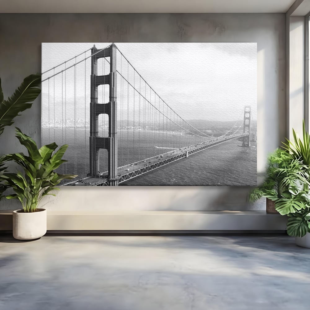 Tablou canvas cu fotografie alb-negru cu podul golden gate, fara rama, pe sasiu de lemn